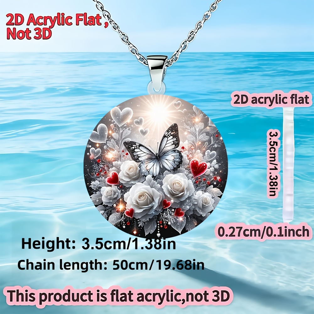 2D Acrylic Snow Butterfly & Rose Flower Pendant Necklace, Whimsical Design